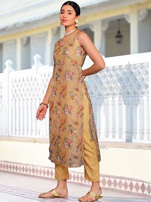 Beige Floral Printed V-Neck Straight Kurta With Trousers 5