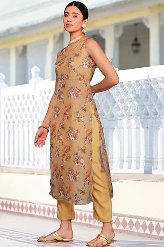 Beige Floral Printed V-Neck Straight Kurta With Trousers