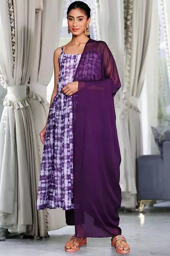 Violet Ombre Dyed Printed Chanderi Silk Anarkali Kurta With Trousers & Dupatta