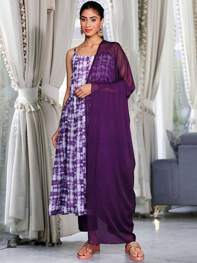 Violet Ombre Dyed Printed Chanderi Silk Anarkali Kurta With Trousers & Dupatta