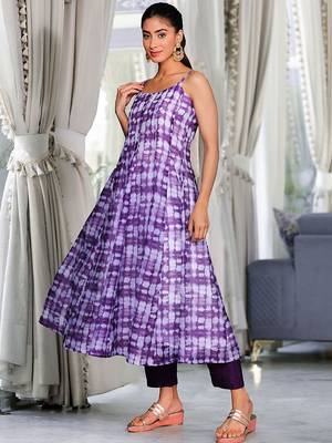 Violet Ombre Dyed Printed Chanderi Silk Anarkali Kurta With Trousers & Dupatta 4