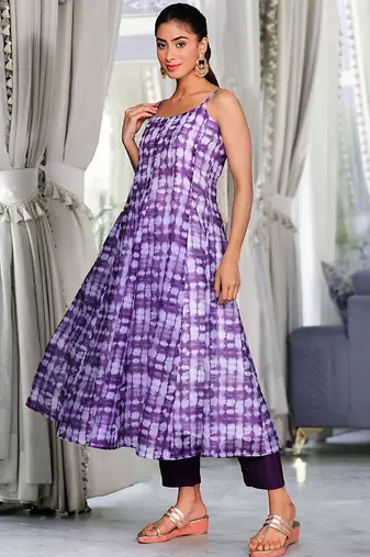 Violet Ombre Dyed Printed Chanderi Silk Anarkali Kurta With Trousers & Dupatta