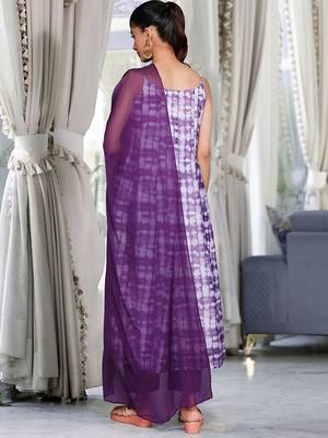 Violet Ombre Dyed Printed Chanderi Silk Anarkali Kurta With Trousers & Dupatta 5