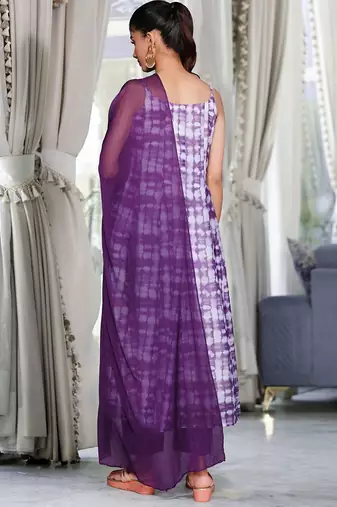 Violet Ombre Dyed Printed Chanderi Silk Anarkali Kurta With Trousers & Dupatta