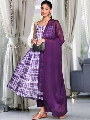 Violet Ombre Dyed Printed Chanderi Silk Anarkali Kurta With Trousers & Dupatta 6
