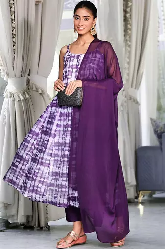 Violet Ombre Dyed Printed Chanderi Silk Anarkali Kurta With Trousers & Dupatta
