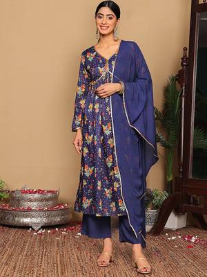 Violet Floral Printed Empire Sequinned Cotton A-Line Kurta With Trousers & Dupatta 1