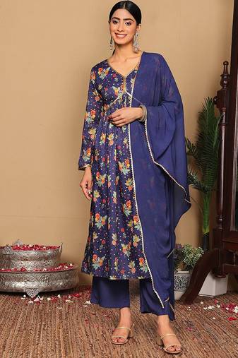 Violet Floral Printed Empire Sequinned Cotton A-Line Kurta With Trousers & Dupatta