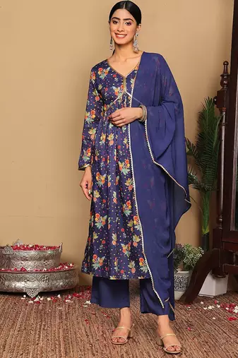 Violet Floral Printed Empire Sequinned Cotton A-Line Kurta With Trousers & Dupatta