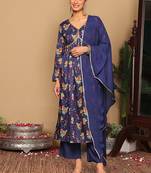Violet Floral Printed Empire Sequinned Cotton A-Line Kurta With Trousers & Dupatta
