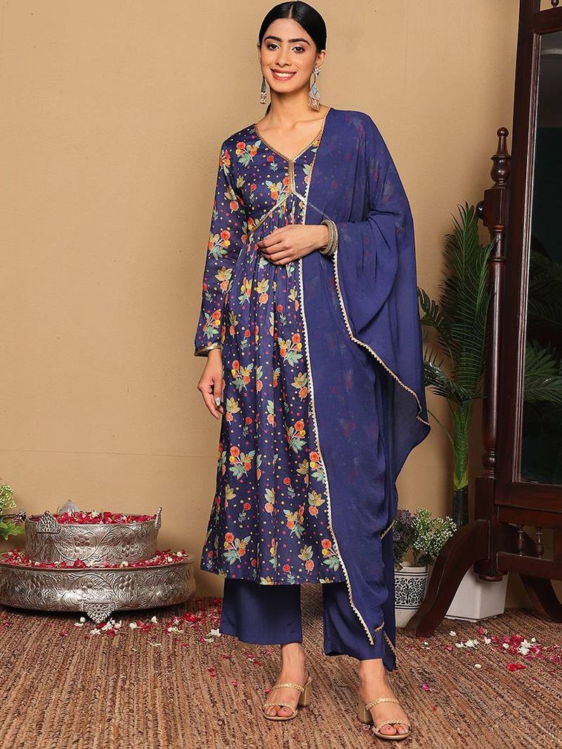 Violet Floral Printed Empire Sequinned Cotton A-Line Kurta With Trousers & Dupatta