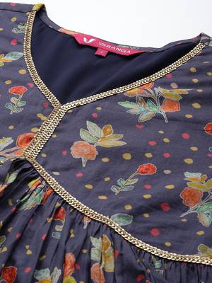 Violet Floral Printed Empire Sequinned Cotton A-Line Kurta With Trousers & Dupatta 2
