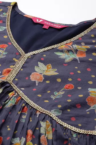 Violet Floral Printed Empire Sequinned Cotton A-Line Kurta With Trousers & Dupatta
