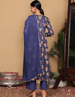 Violet Floral Printed Empire Sequinned Cotton A-Line Kurta With Trousers & Dupatta 4