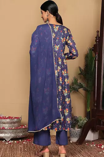 Violet Floral Printed Empire Sequinned Cotton A-Line Kurta With Trousers & Dupatta