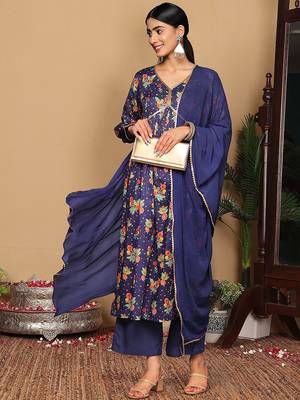 Violet Floral Printed Empire Sequinned Cotton A-Line Kurta With Trousers & Dupatta 5