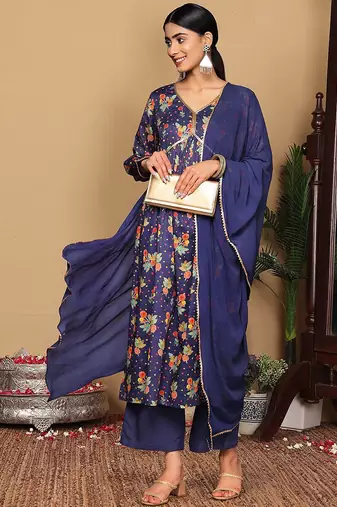 Violet Floral Printed Empire Sequinned Cotton A-Line Kurta With Trousers & Dupatta