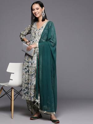 Beige Abstract Printed Empire Thread Work Silk Georgette Kurta & Trouser & Dupatta 1
