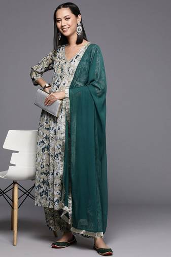 Beige Abstract Printed Empire Thread Work Silk Georgette Kurta & Trouser & Dupatta