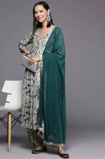 Beige Abstract Printed Empire Thread Work Silk Georgette Kurta & Trouser & Dupatta