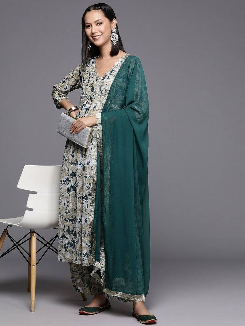 Beige Abstract Printed Empire Thread Work Silk Georgette Kurta & Trouser & Dupatta
