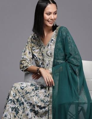 Beige Abstract Printed Empire Thread Work Silk Georgette Kurta & Trouser & Dupatta 2
