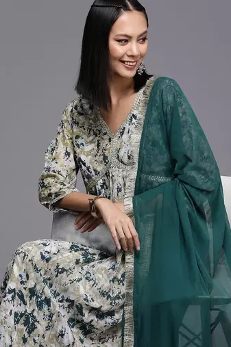 Beige Abstract Printed Empire Thread Work Silk Georgette Kurta & Trouser & Dupatta