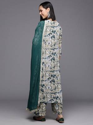 Beige Abstract Printed Empire Thread Work Silk Georgette Kurta & Trouser & Dupatta 5