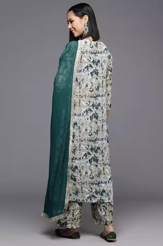 Beige Abstract Printed Empire Thread Work Silk Georgette Kurta & Trouser & Dupatta