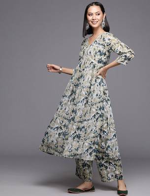 Beige Abstract Printed Empire Thread Work Silk Georgette Kurta & Trouser & Dupatta 6