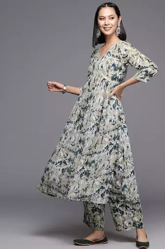 Beige Abstract Printed Empire Thread Work Silk Georgette Kurta & Trouser & Dupatta