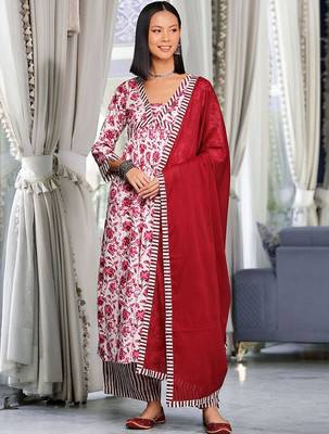 Women Printed Pleated Thread Work Pure Cotton Kurta with Palazzos & With Dupatta 1