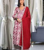 Women Printed Pleated Thread Work Pure Cotton Kurta with Palazzos & With Dupatta