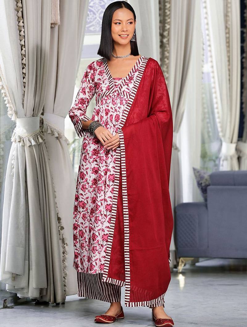 Women Printed Pleated Thread Work Pure Cotton Kurta with Palazzos & With Dupatta