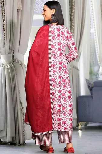 Women Printed Pleated Thread Work Pure Cotton Kurta with Palazzos & With Dupatta