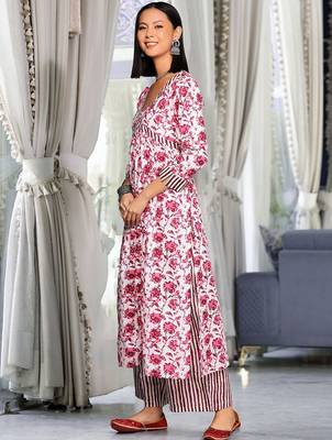 Women Printed Pleated Thread Work Pure Cotton Kurta with Palazzos & With Dupatta 6
