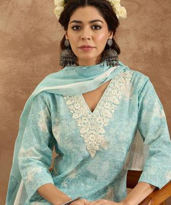 Women Floral Embroidered Pure Cotton Kurta with Trousers & Dupatta 2