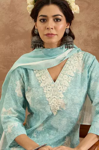 Women Floral Embroidered Pure Cotton Kurta with Trousers & Dupatta