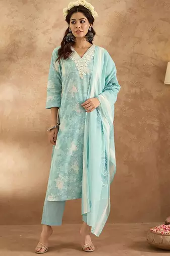 Women Floral Embroidered Pure Cotton Kurta with Trousers & Dupatta