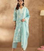 Women Floral Embroidered Pure Cotton Kurta with Trousers & Dupatta