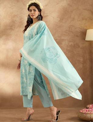 Women Floral Embroidered Pure Cotton Kurta with Trousers & Dupatta 5