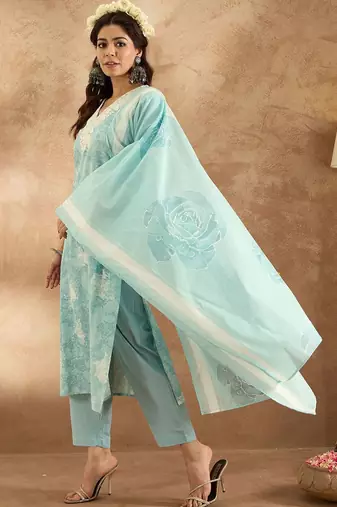Women Floral Embroidered Pure Cotton Kurta with Trousers & Dupatta