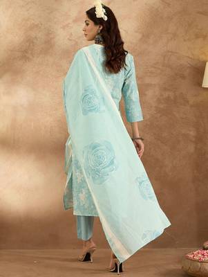 Women Floral Embroidered Pure Cotton Kurta with Trousers & Dupatta 6