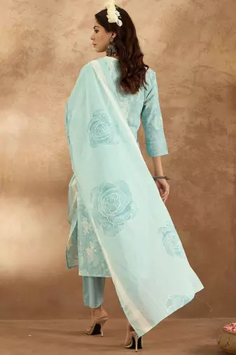 Women Floral Embroidered Pure Cotton Kurta with Trousers & Dupatta