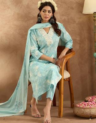 Women Floral Embroidered Pure Cotton Kurta with Trousers & Dupatta 7