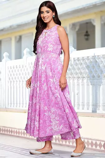 Women Floral Printed Empire Pure Cotton Kurta with Trousers