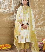 Women Floral Printed Pleated Pure Cotton Kurta with Trousers & Dupatta