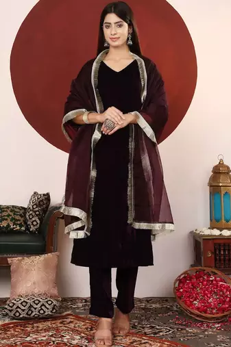 Gota Patti Lace Velvet Winter kurta with Trouser & Dupatta