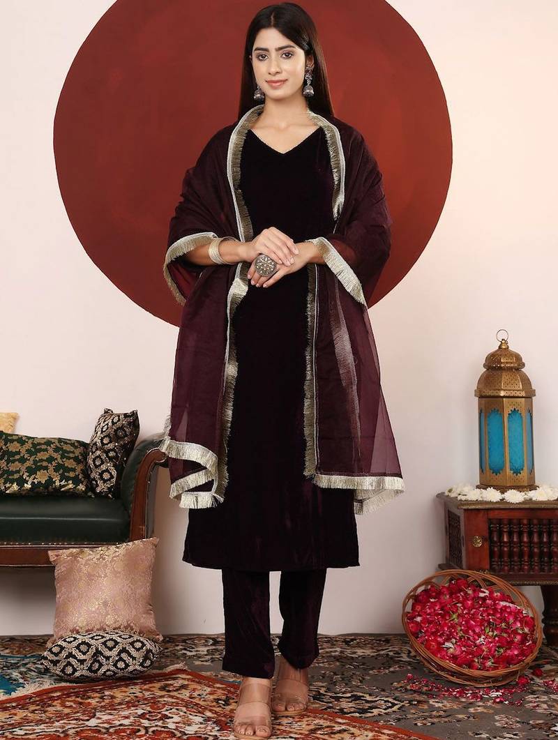 Gota Patti Lace Velvet Winter kurta with Trouser & Dupatta