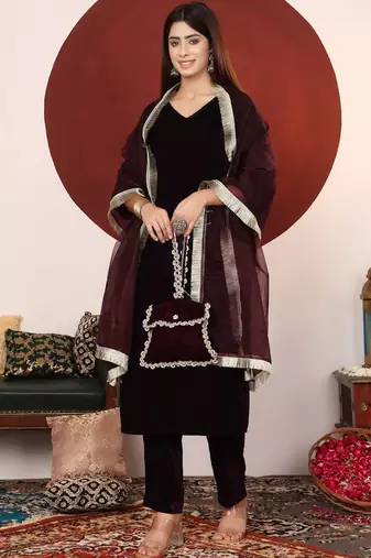 Gota Patti Lace Velvet Winter kurta with Trouser & Dupatta